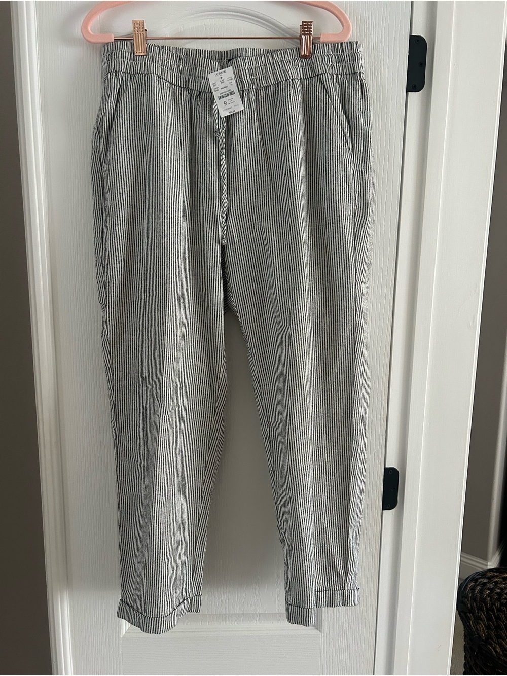 J. Crew Black and White Pinstripe Cropped Drawstring Pants